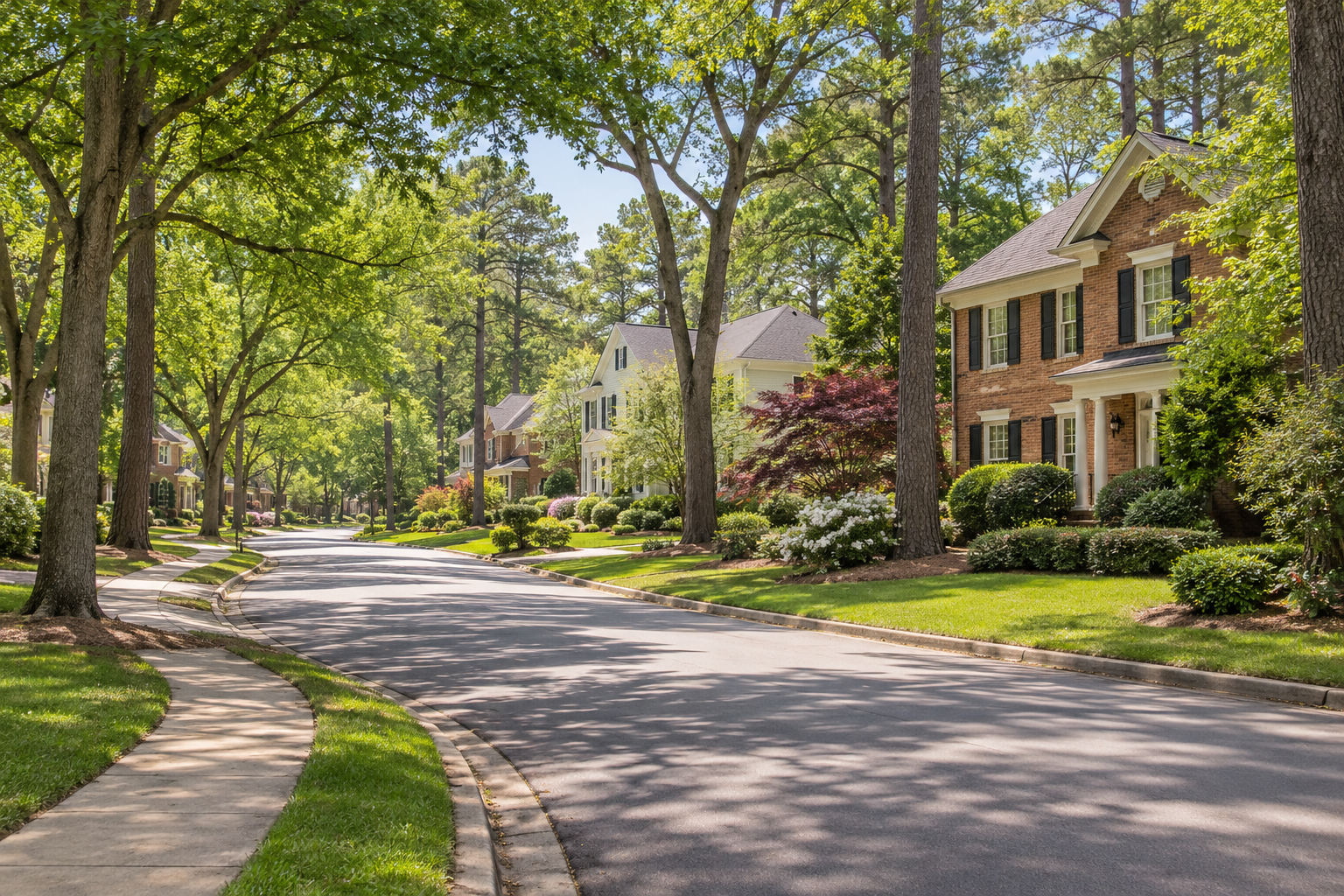 Tree-lined suburban street with brick houses, green lawns, and sunlight filtering through the trees