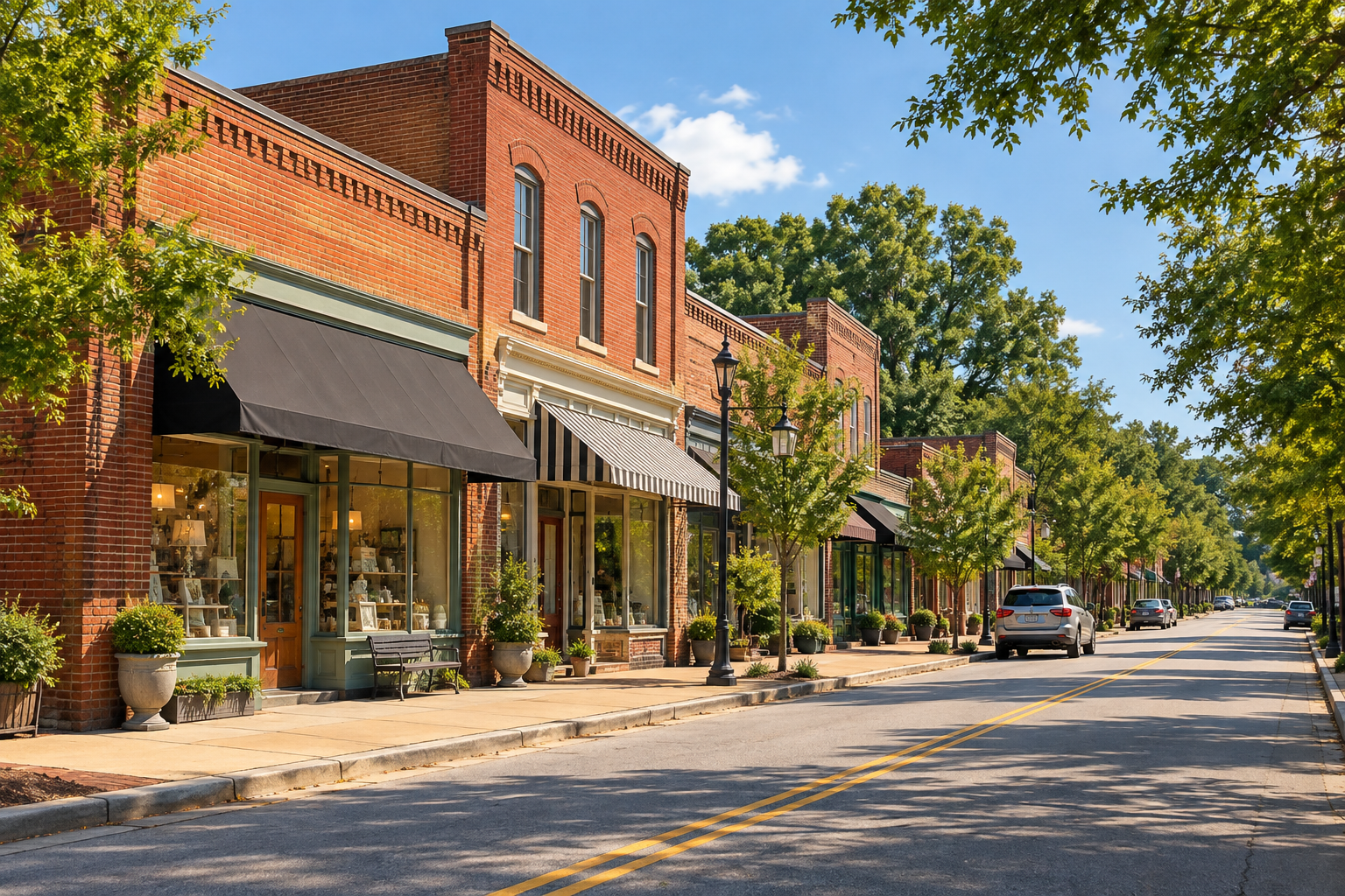 Quiet small-town street with brick storefronts, awnings, trees, and parked cars on a sunny day