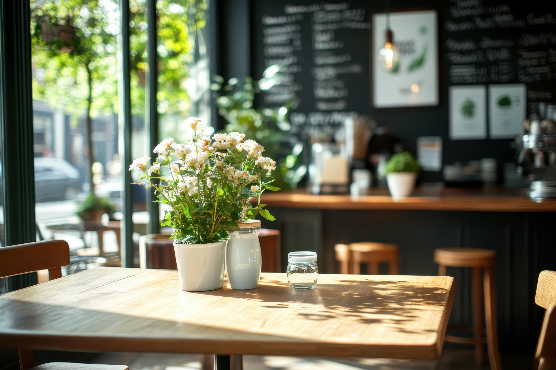 A sunlit cafe interior with a table holding a flower pot, a milk bottle, and a glass.