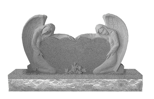 A black and white photo of a gravestone with two angels holding a heart.