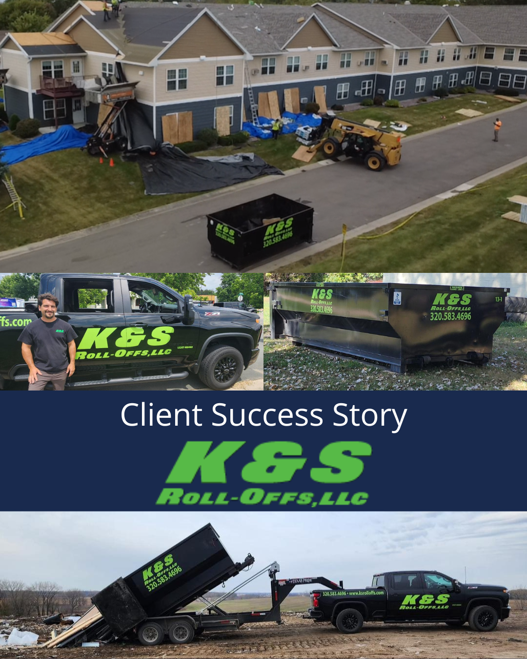 Client buisiness photo with dumpsters and equipment shown in residential area.