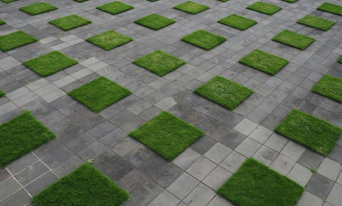 Gray paving stones with evenly spaced square patches of green grass in a geometric pattern