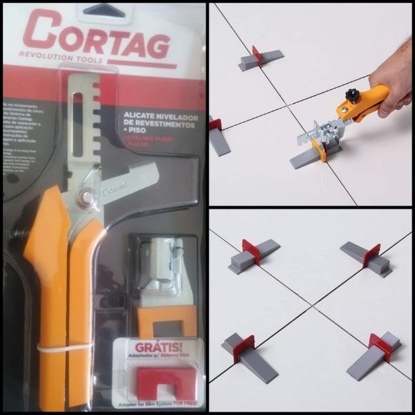 Kit de herramientas para azulejos Cortag con cortador naranja y sistema de nivelación con clip, mostrado en uso en juntas de azulejos.
