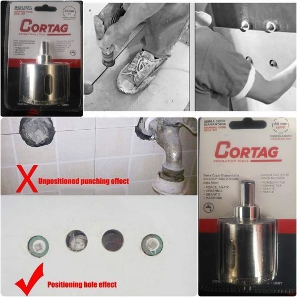 Collage que muestra el embalaje de la broca para azulejos Cortag, la perforación de azulejos y ejemplos de colocación correcta e incorrecta de agujeros.