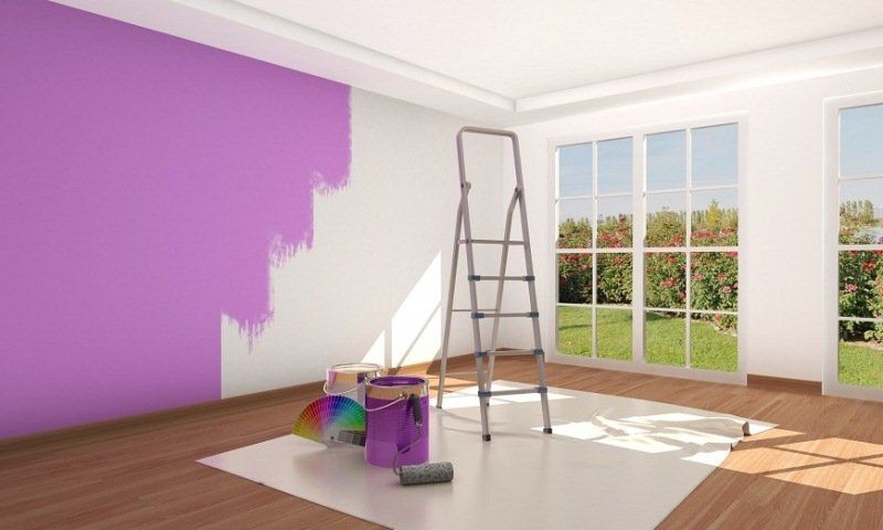 Una persona pinta una habitación de color morado con una escalera, latas de pintura y una lona protectora cerca de una ventana grande.