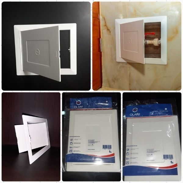 Collage de una rejilla de ventilación blanca instalada en un panel, con el embalaje del producto mostrado debajo.