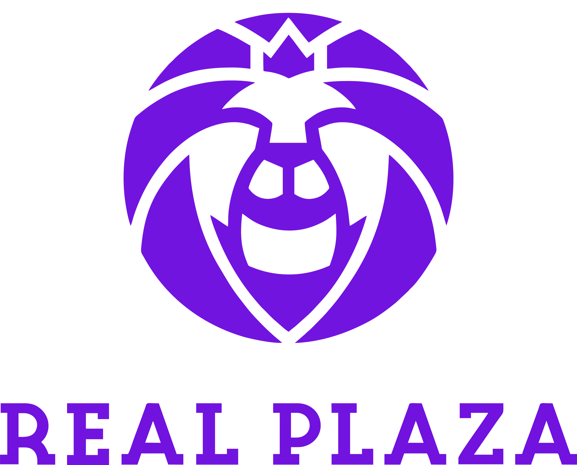 Logotipo de león morado con el texto “REAL PLAZA” debajo.