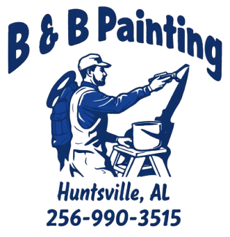 B & B Painting logo with painter, ladder, paint bucket, Huntsville, AL, and 256-990-3515
