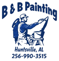 B & B Painting logo with painter, ladder, paint bucket, Huntsville, AL, and 256-990-3515
