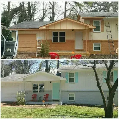 Before-and-after exterior of a small house, showing siding replacement and painting in progress.