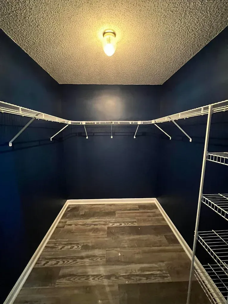 Empty blue walk-in closet with white shelving, wire racks, and wood-look flooring under a ceiling light