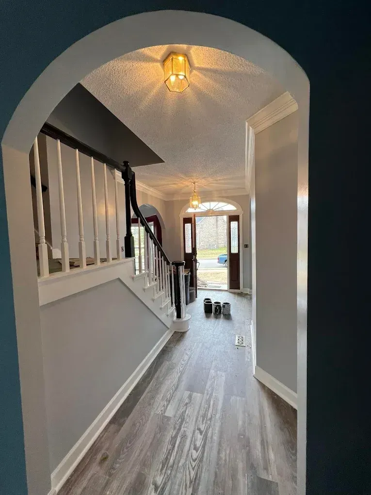 Hallway with gray walls, arched opening, staircase, and two small dogs on a light wood floor.