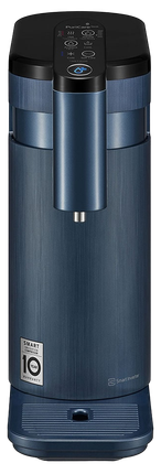 Dark blue water dispenser with black top and digital controls.