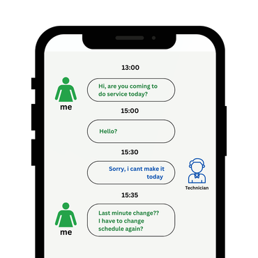 Chat on a phone screen about a service booking: confirming today, then cancelling and rescheduling.