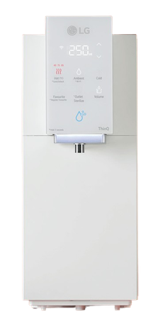 White LG water purifier with digital display and dispensing spout.