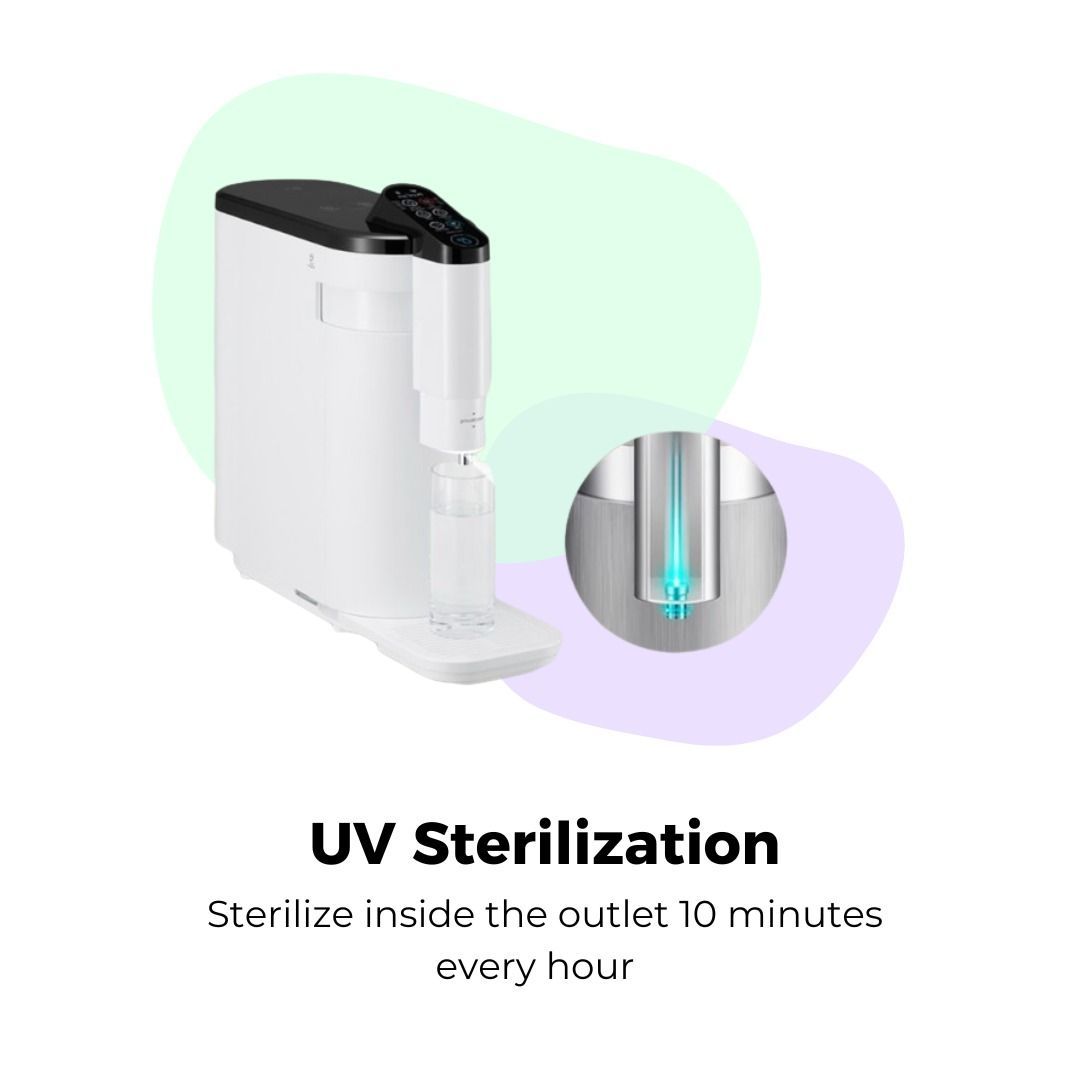 White water purifier with black top, blue UV light, and text: UV Sterilization, sterilize outlet 10 minutes every hour.