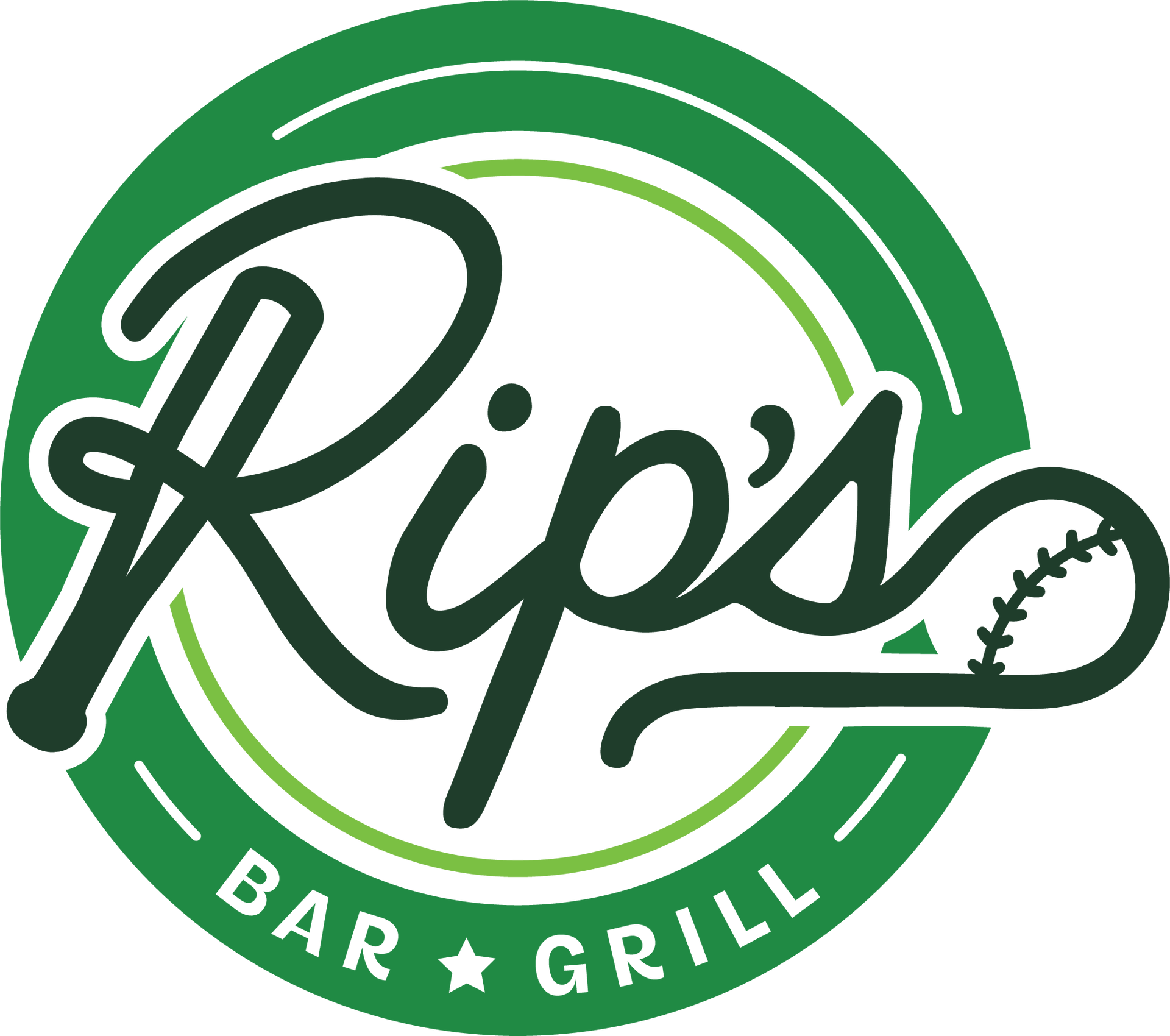 Rip’s Bar & Grill logo in green and white with a baseball-themed script design