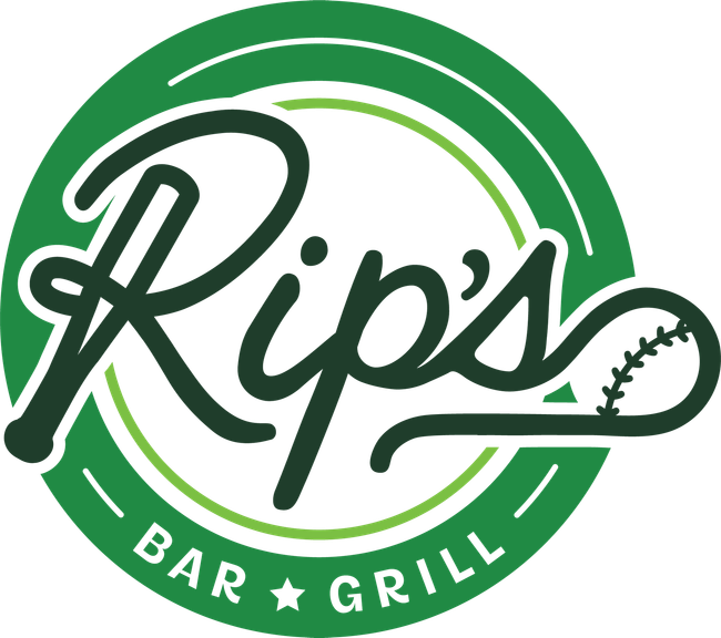 Rip’s Bar & Grill logo in green and white with a baseball-themed script design