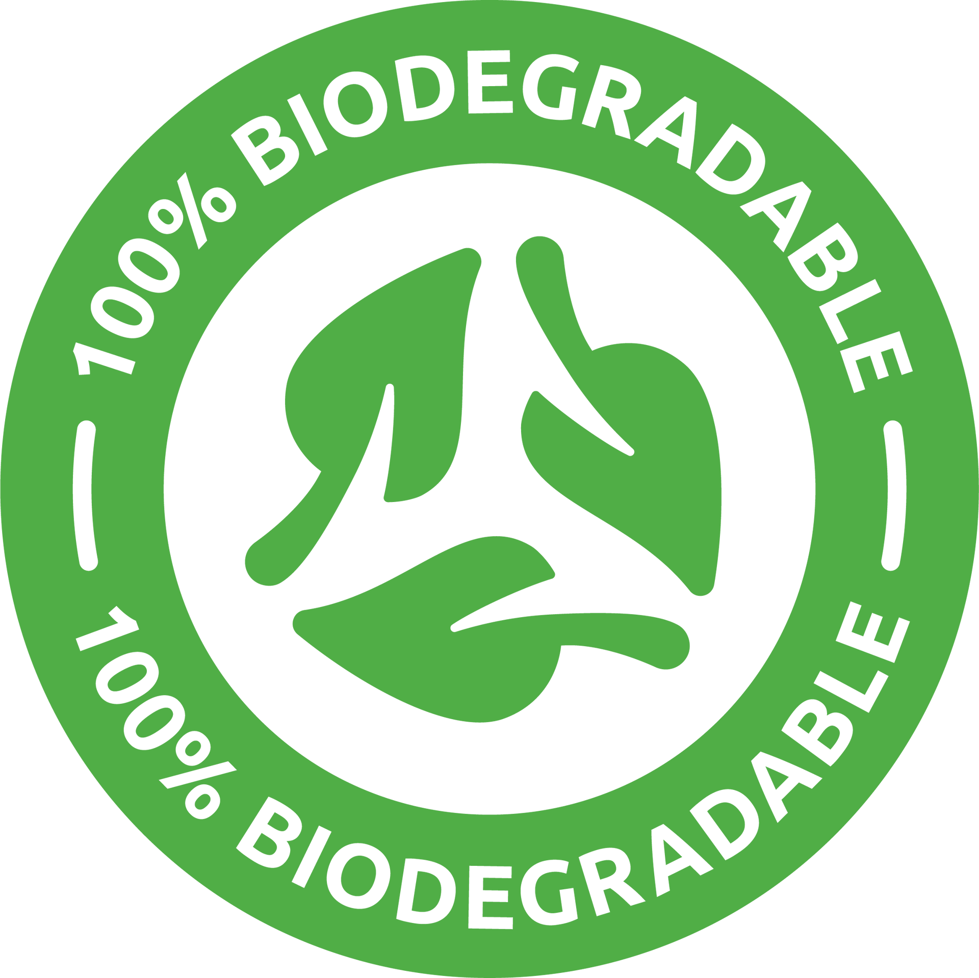 Grünes, kreisförmiges Logo mit dem Text „100 % BIOLOGISCH ABBAUBAR“