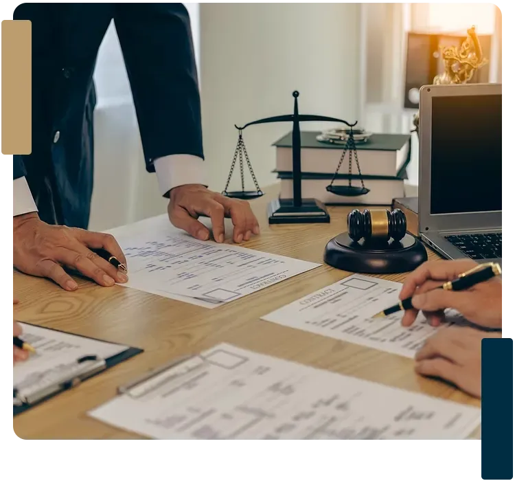 A group of people are sitting at a table with papers and a laptop.