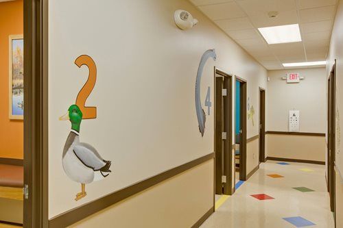 Bright hospital hallway with colorful room numbers and a duck wall mural on beige walls.