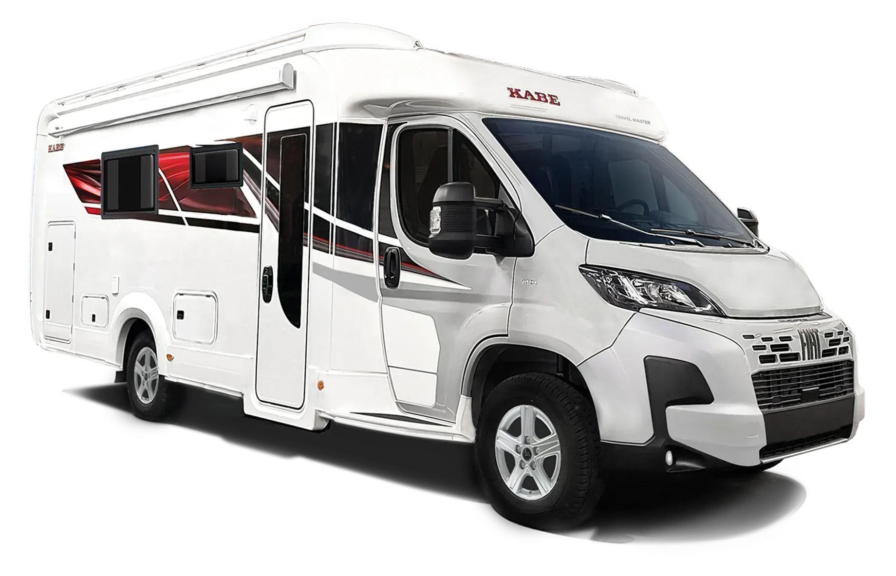 White recreational vehicle with red accents, parked outdoors. KABE Classic