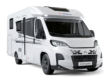 White Adria Compact motorhome on a white background, parked on a road.
