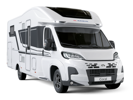White Adria Coral RV with black accents, parked on a white background.