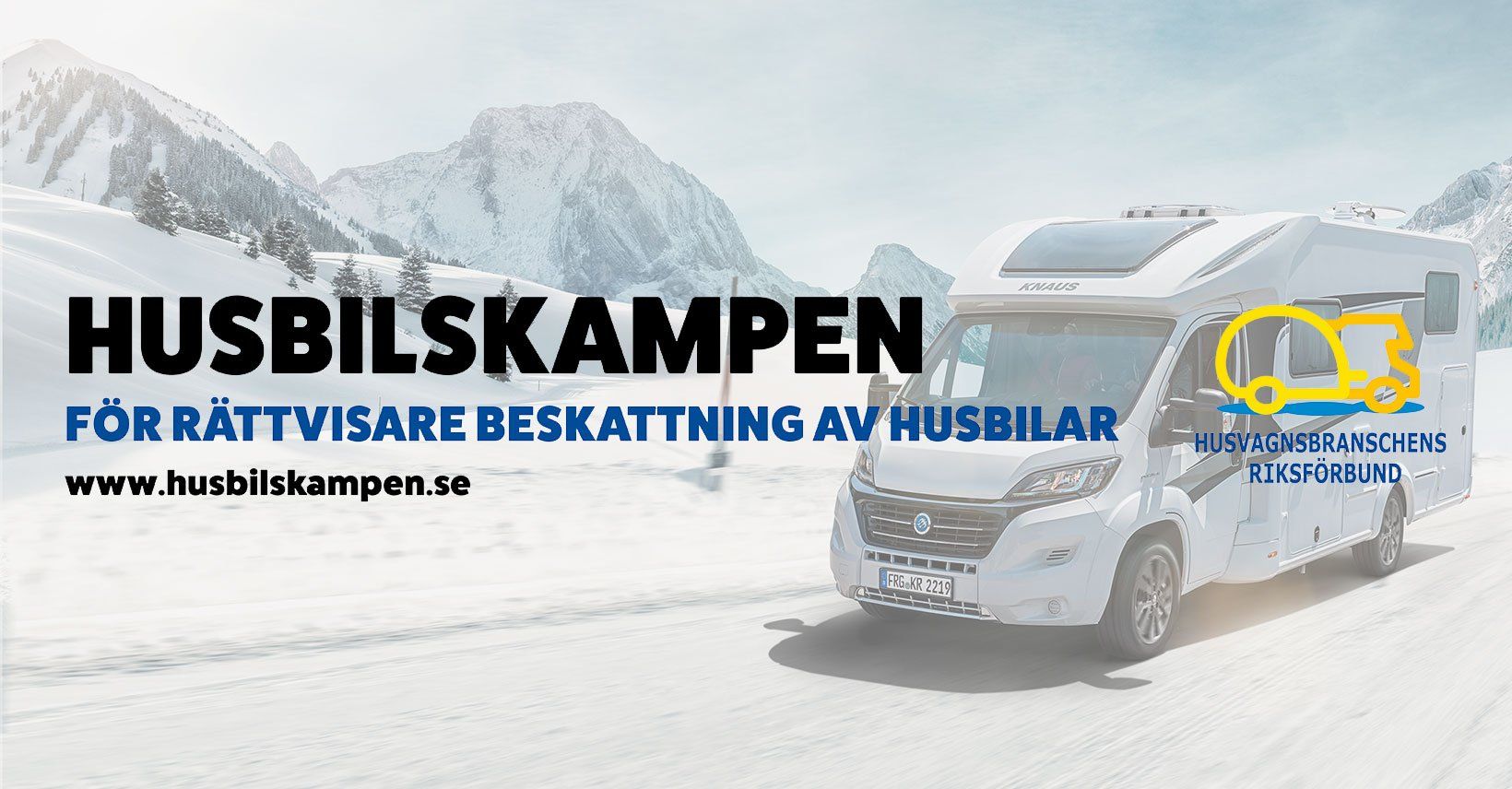 Campervan in snowy mountains, text: