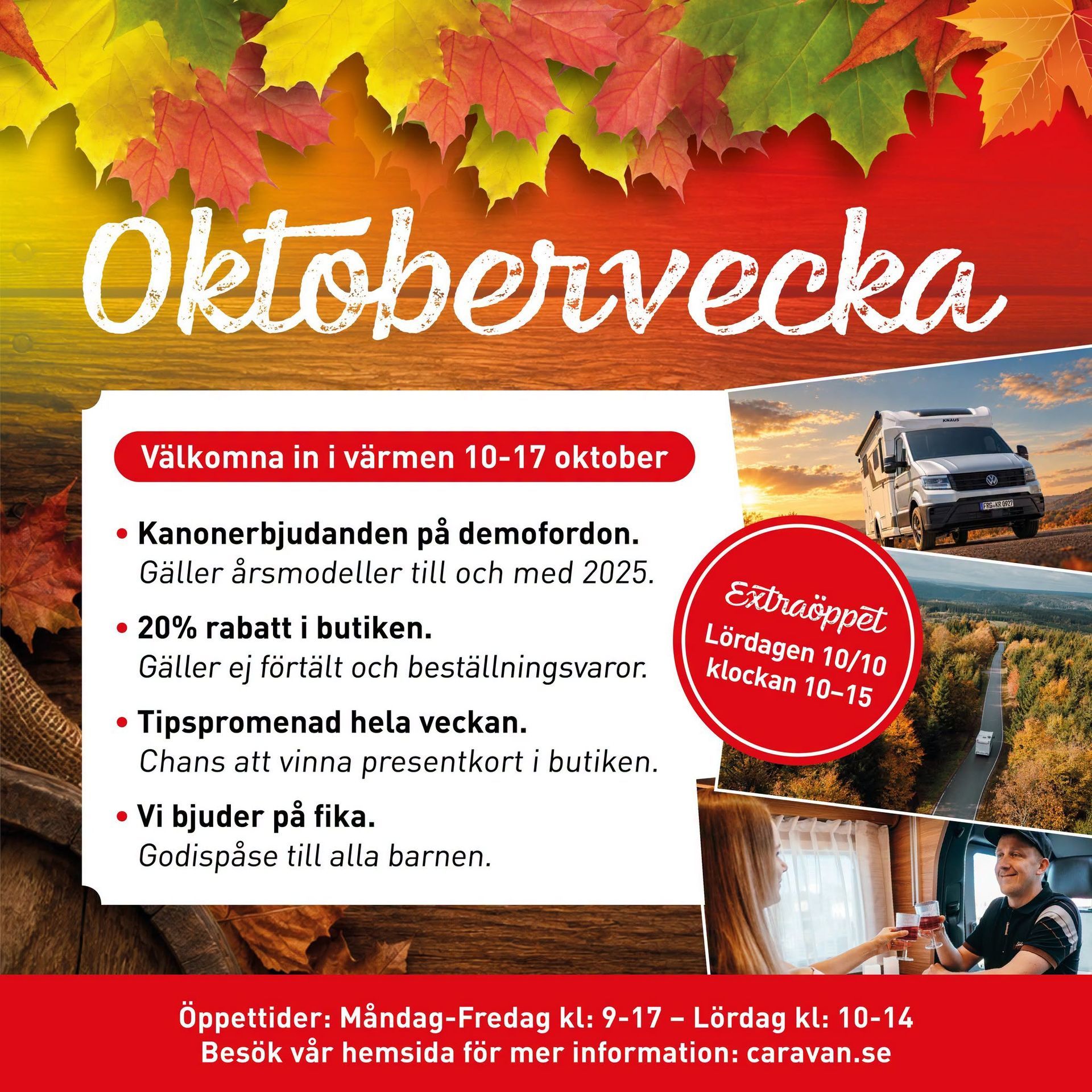 Red and beige camper van promotion with autumn sale dates and event details