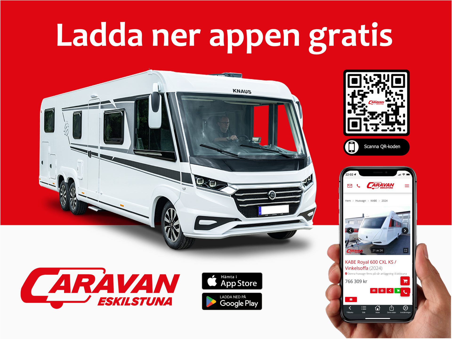 Advertisement for Caravan Eskilstuna. White RV, red background with text, QR code, and a phone displaying the app.