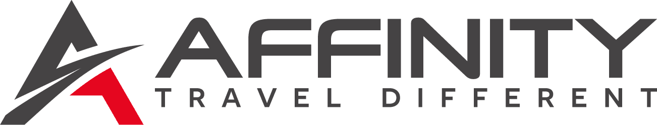 Logo of Affinity Travel, with a black and red triangular design and text.