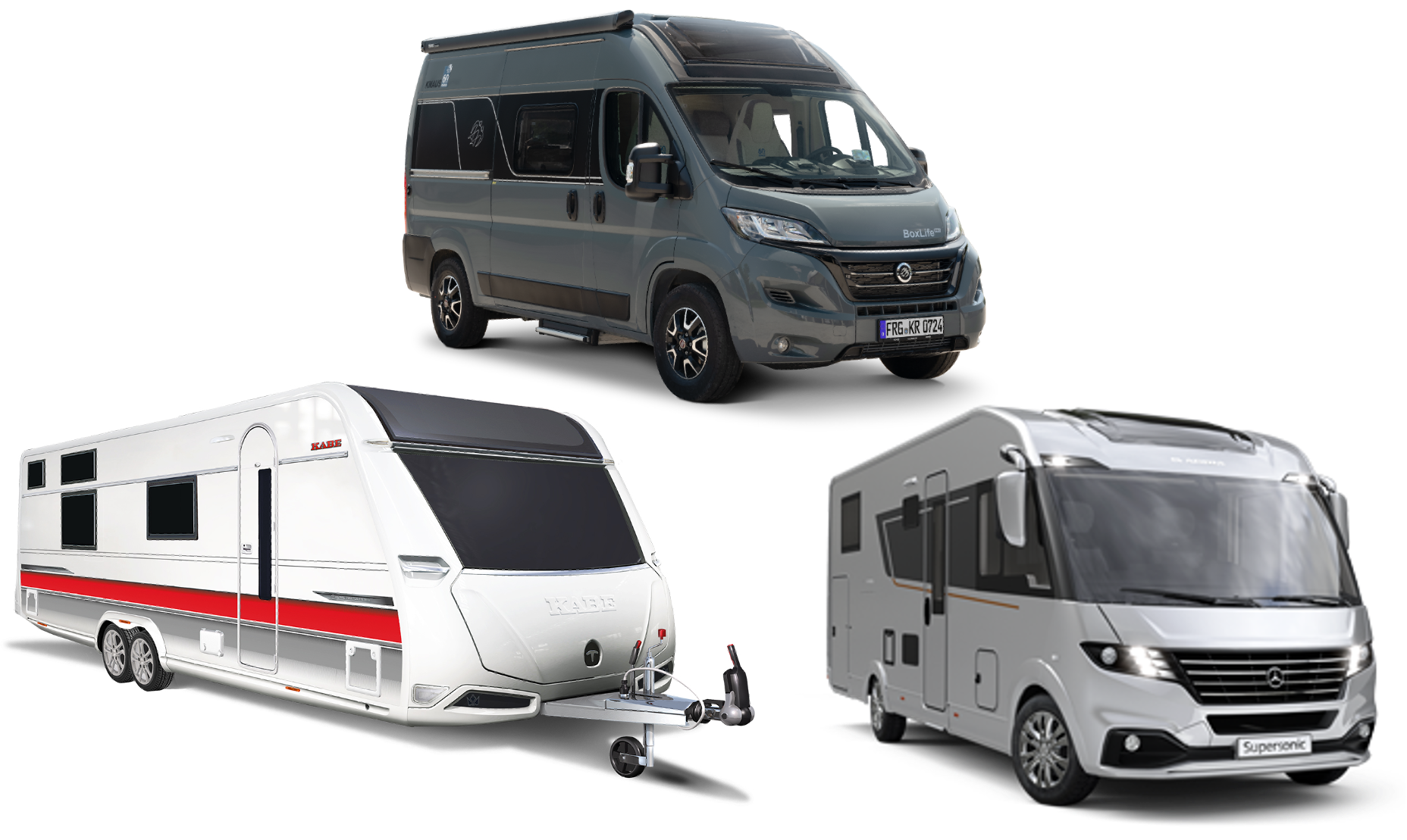 Three recreational vehicles: a grey van, a silver camper, and a white trailer with red accents.
