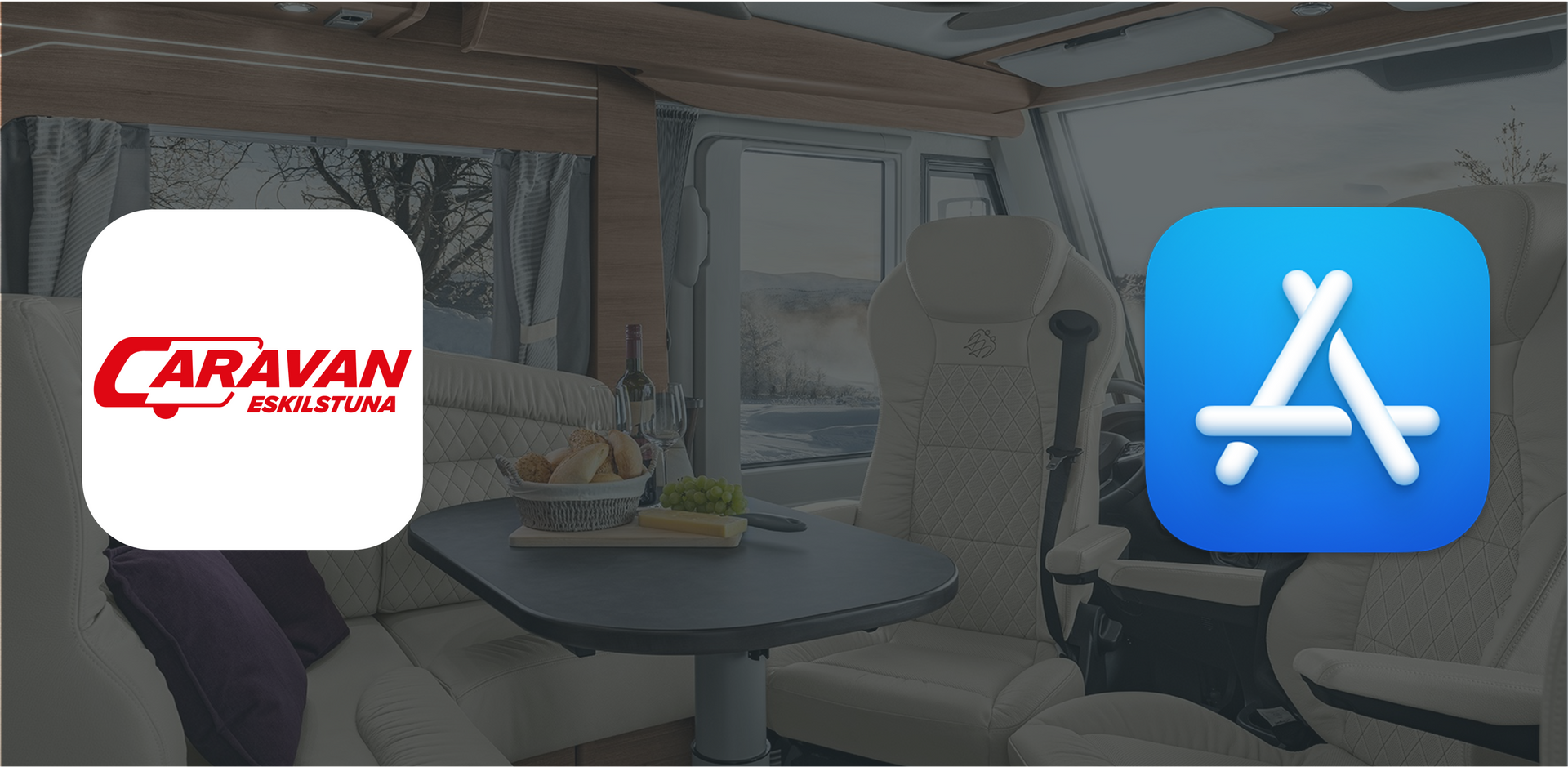 Caravan app logo and App Store icon inside a camper van.