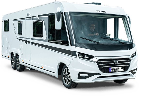 White Knaus motorhome with black trim; driver visible.