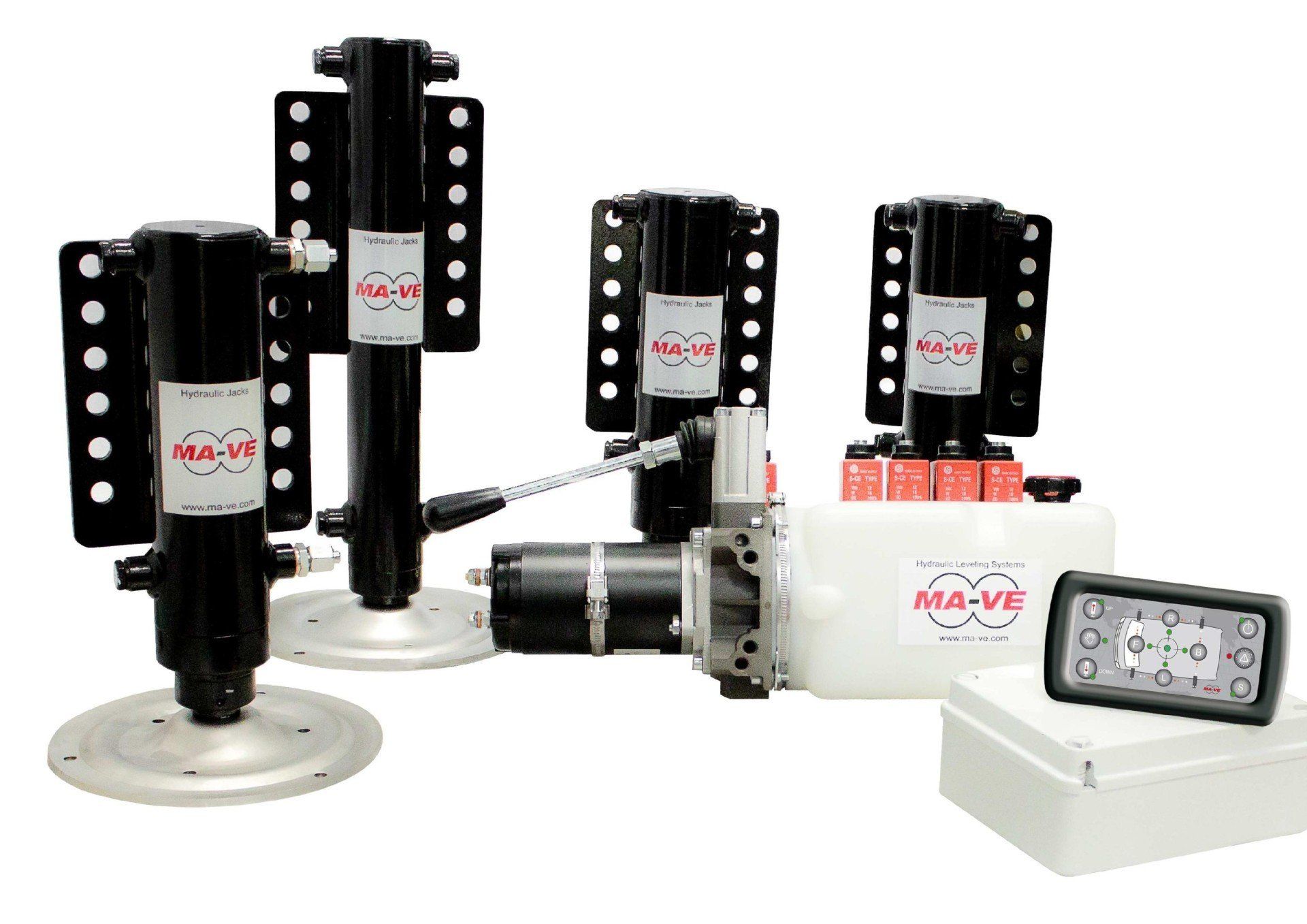 Hydraulic RV leveling system components: jacks, pump, reservoir, and remote control.