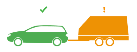 Green car pulling orange trailer; checkmark on car, exclamation point on trailer.