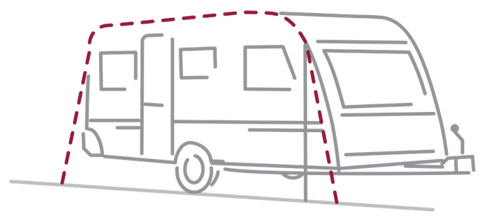 A line drawing of a caravan with a dashed outline indicating an awning.