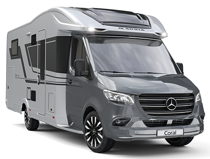 Gray and silver campervan on a road, front view, with a Mercedes logo.