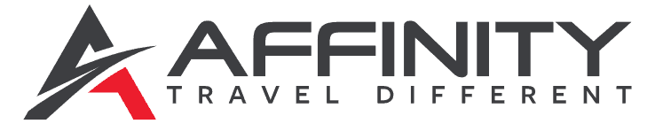 Logo of Affinity, a travel agency, with stylized black A and red accent; tagline