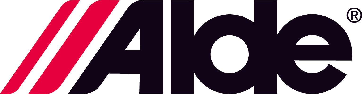 Alde logo: Black text with a red and white angled design on the left, registered trademark symbol.
