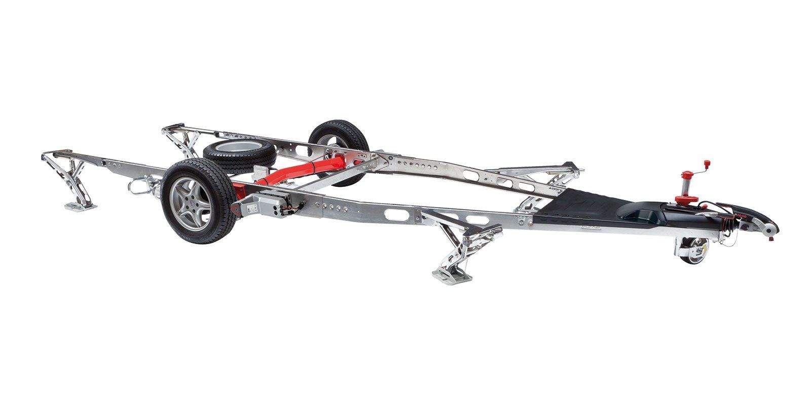 Trailer chassis with tires, spare tire, and hitch. Metallic gray frame, red support beams.