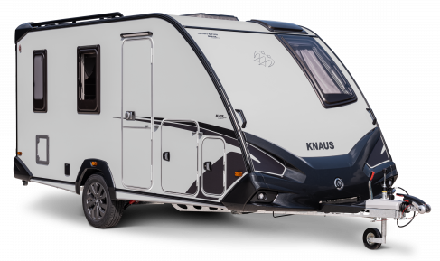 White and black caravan with a dark gray front. It is on a white background.