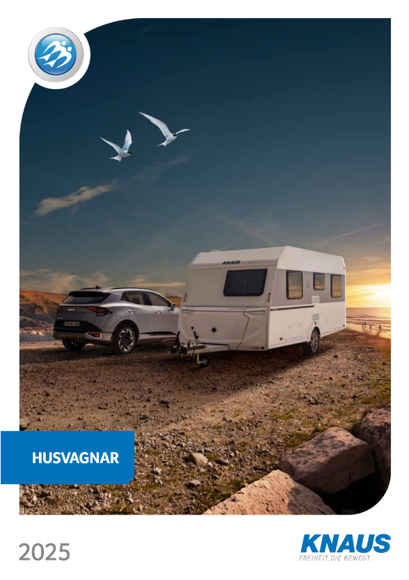 Caravan and SUV towing on a scenic coast. Brochure cover: