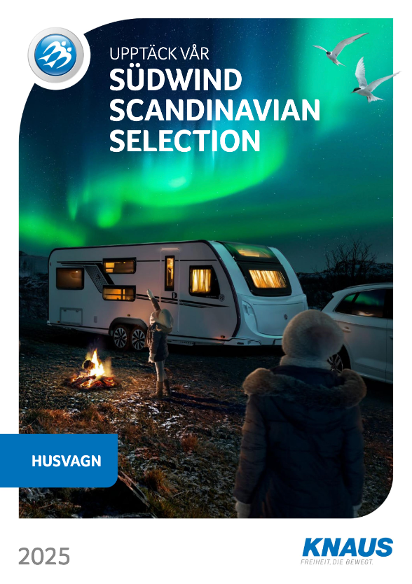 Caravan advertisement with northern lights. A camper sits by a fire, while a child watches.