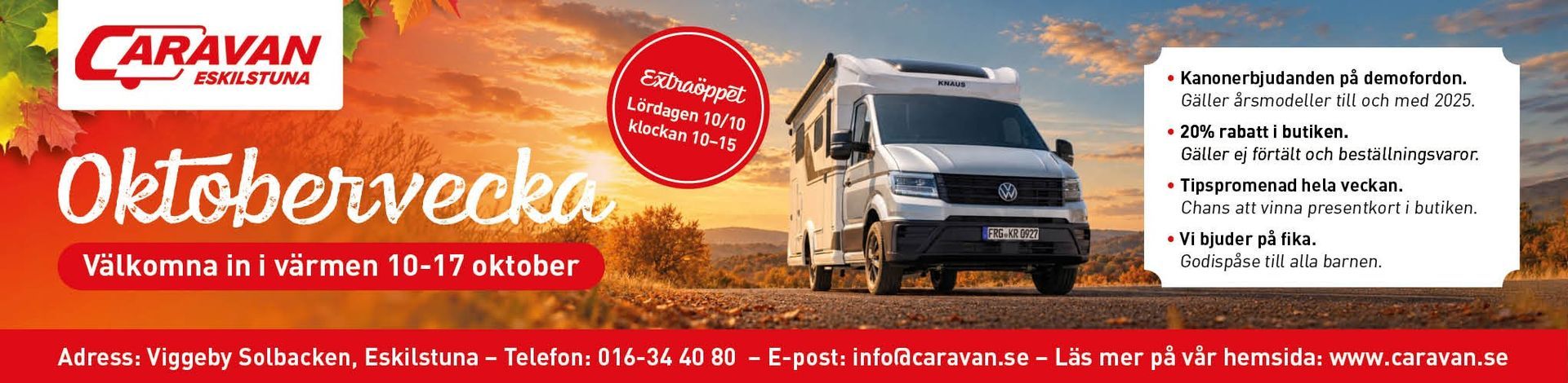 Red and beige camper van promotion with autumn sale dates and event details