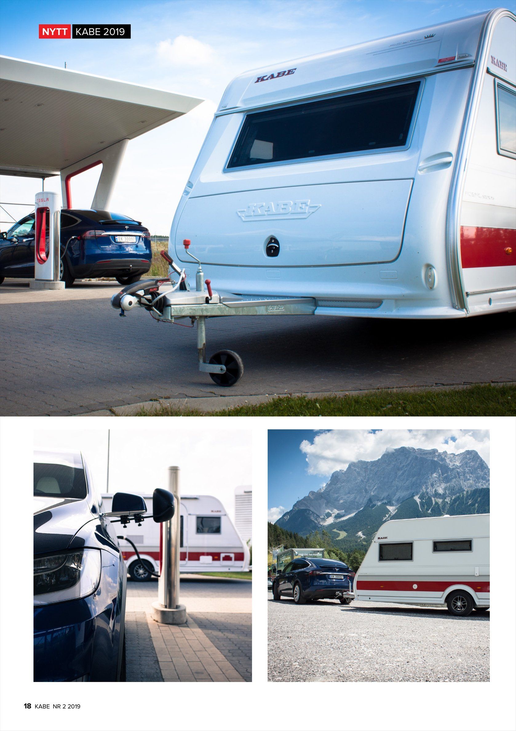 Caravan hitched to a car at a gas station, and two other locations, with mountain backdrop.