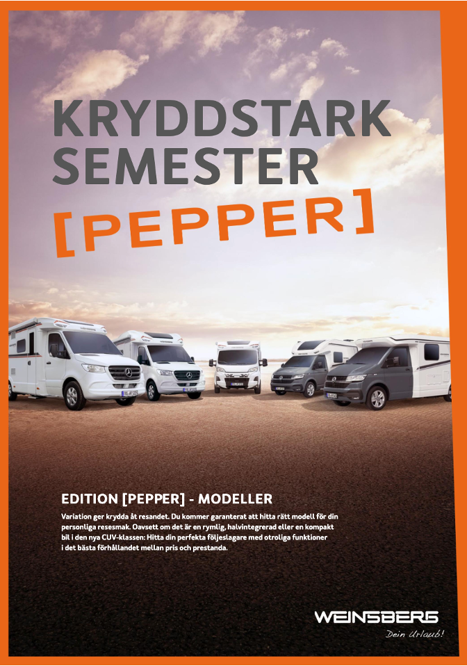 A brochure with several white and gray camper vans. The title reads,