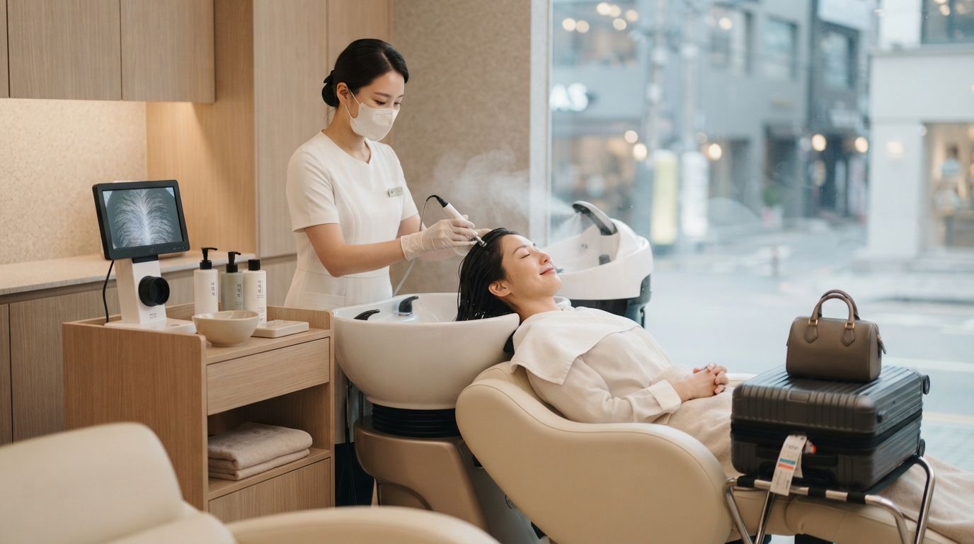 Traveler receiving a head spa before a flight in Myeongdong