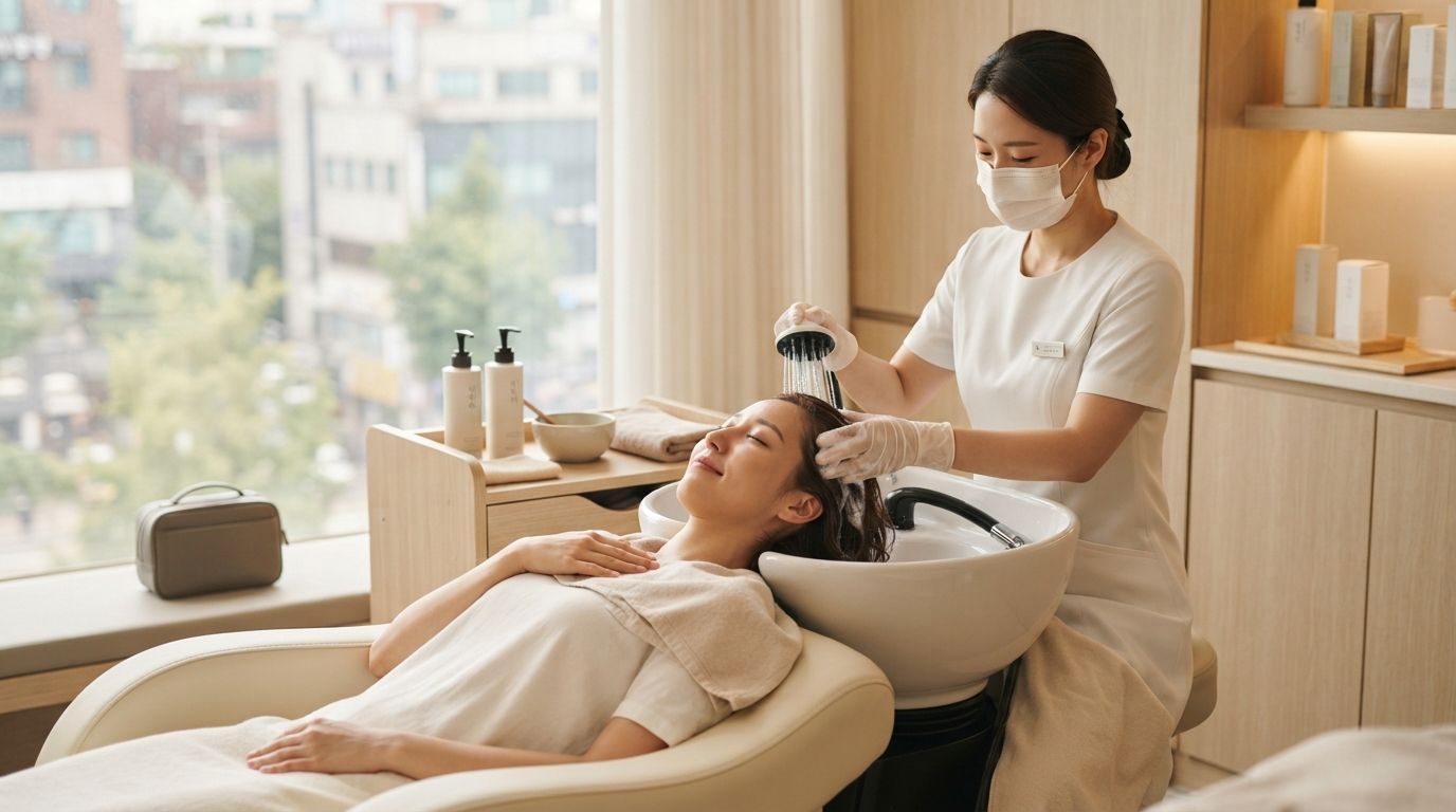 English-speaking tourist receiving a Korean head spa treatment in Seoul